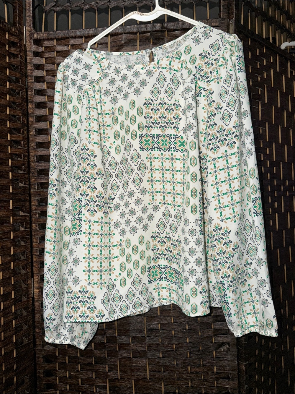 LOFT White Blouse with Green & Blue Geometric Print
